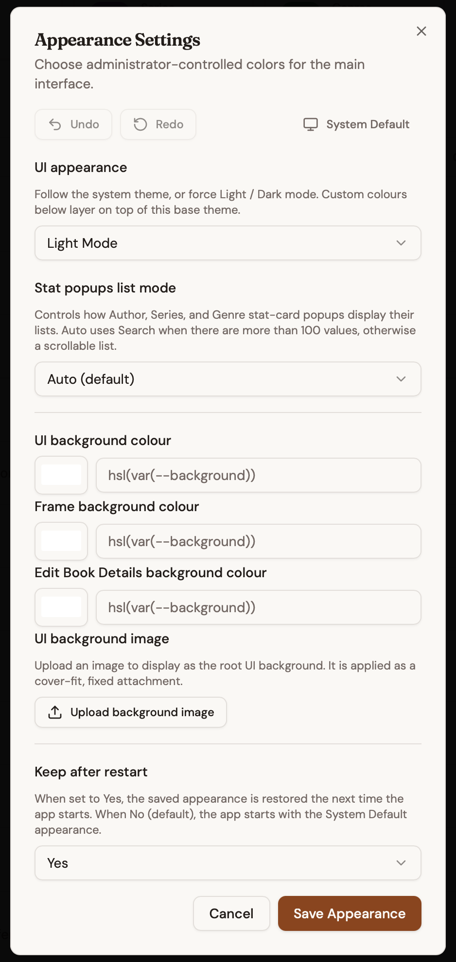 BookTrakdB Appearance Settings dialog showing theme, colour, and Hide-Show options